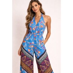 BELONGSCI Jumpsuit Womens M Blue Floral Halter Elastic Waist Wide Leg Boho